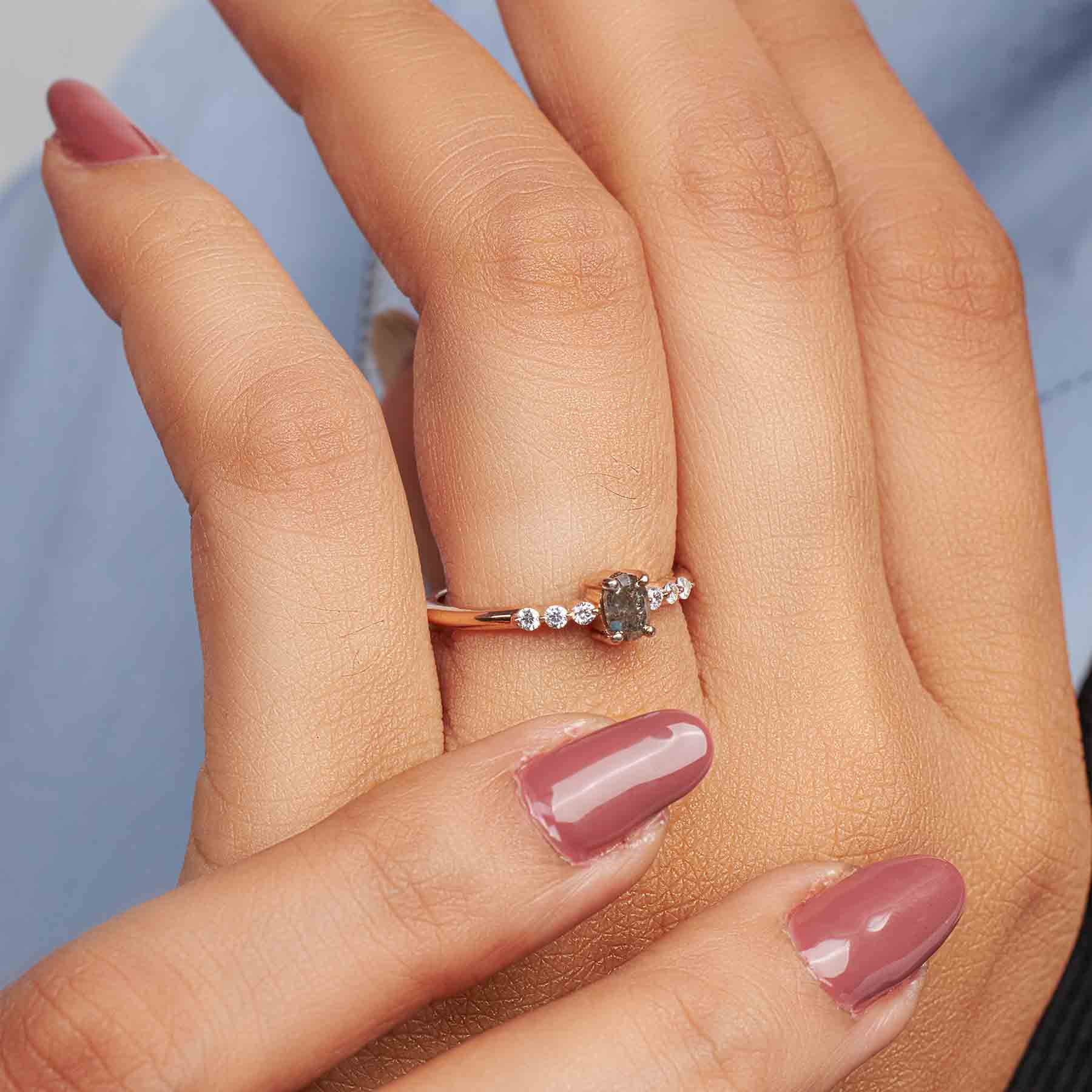 Oval Cut Natural Salt and Pepper Galaxy Diamond Promise Ring