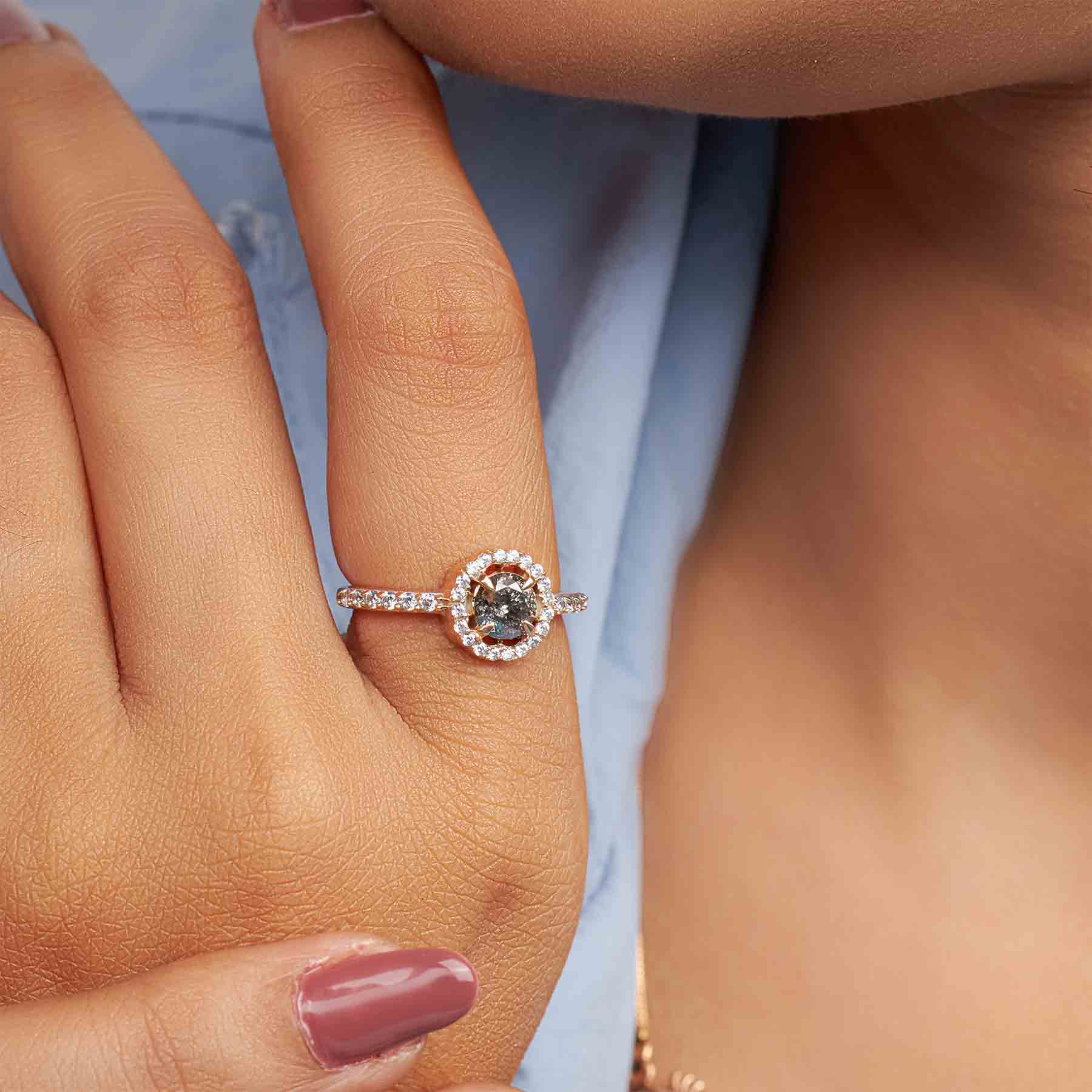 Natural Salt and Pepper Diamond Halo Moissanite Wedding Ring