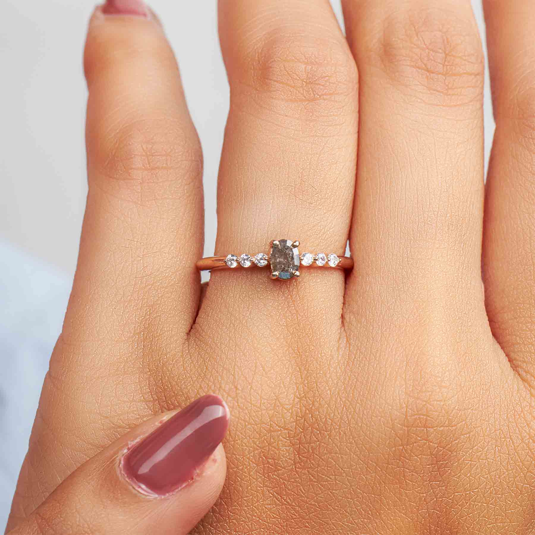 Oval Cut Natural Salt and Pepper Galaxy Diamond Promise Ring