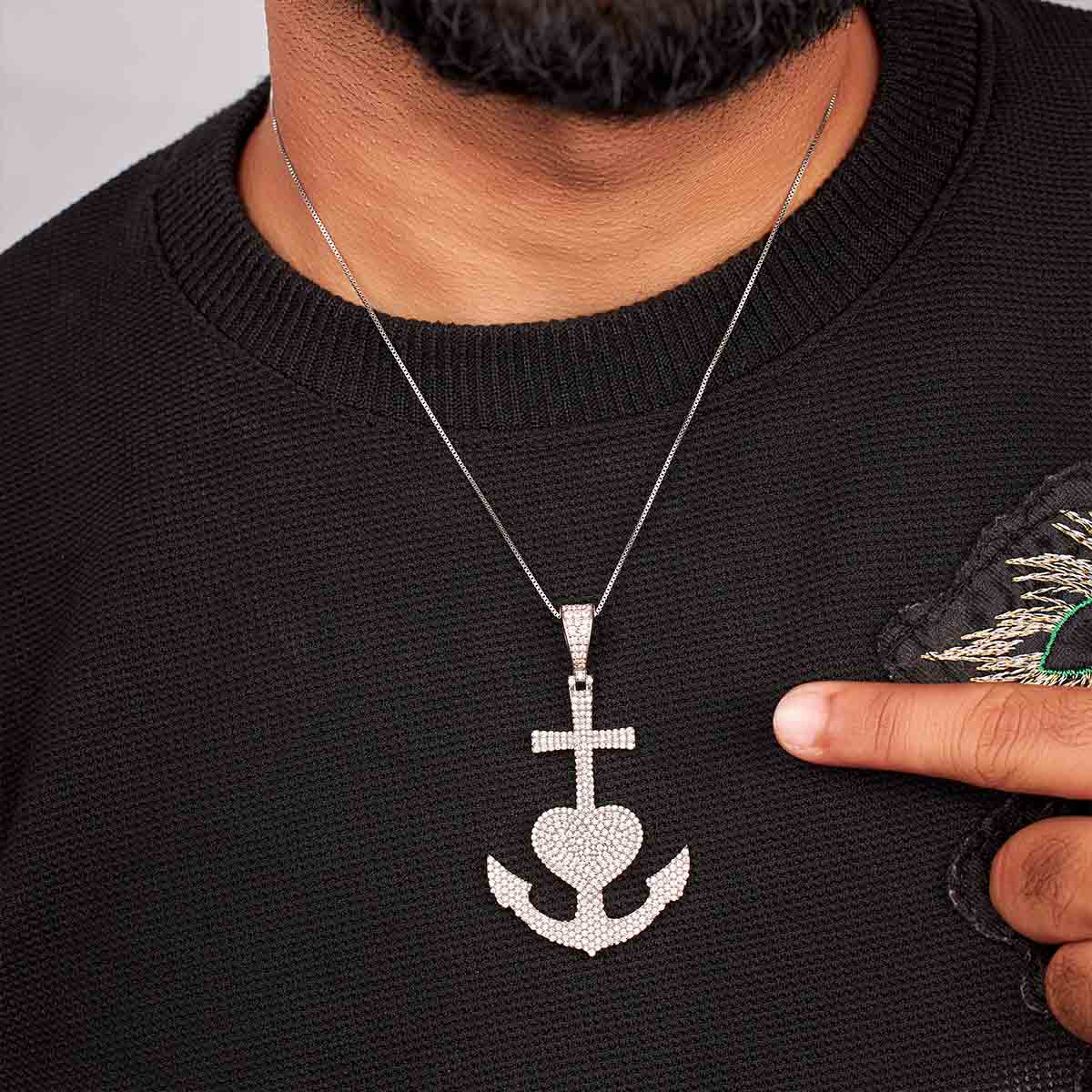 Iced Out Cross Anchor Heart Pendant Necklace Sterling Silver Hip Hop Jewelry