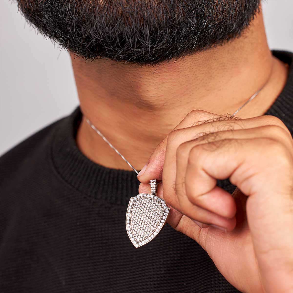 Iced Out Warrior Shield Pendant Necklace Sterling Silver Hip Hop Jewelry