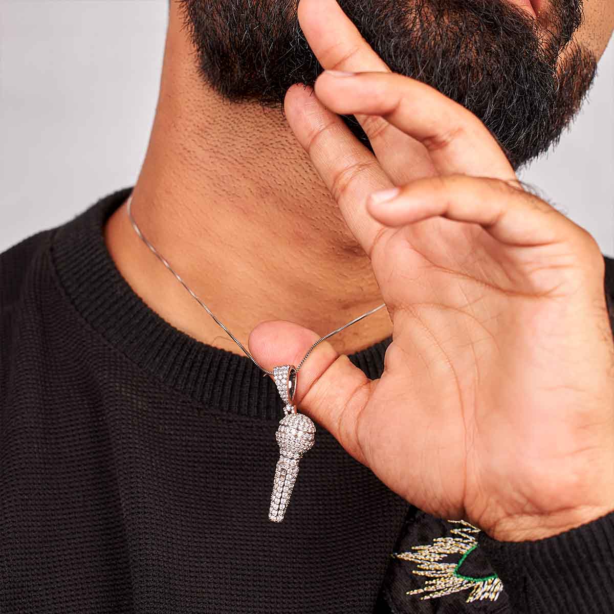 Iced Out Microphone Pendant Necklace Sterling Silver Mic Pendant Hip Hop Jewelry