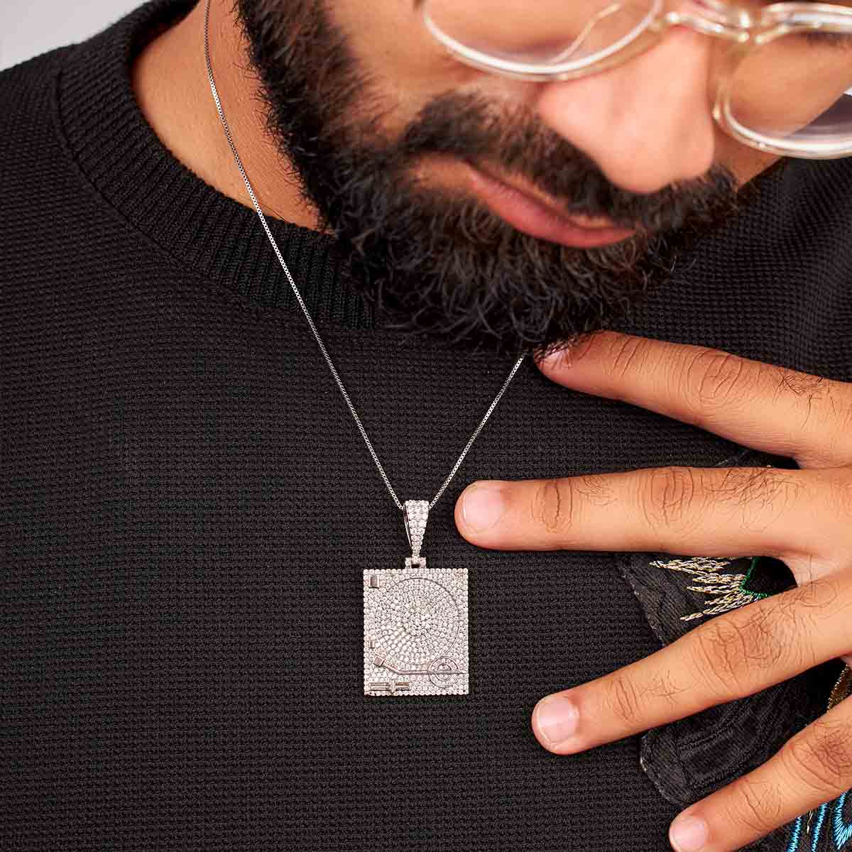 Phonograph Pendant Necklace Sterling Silver Hip Hop Jewelry CZ Diamond