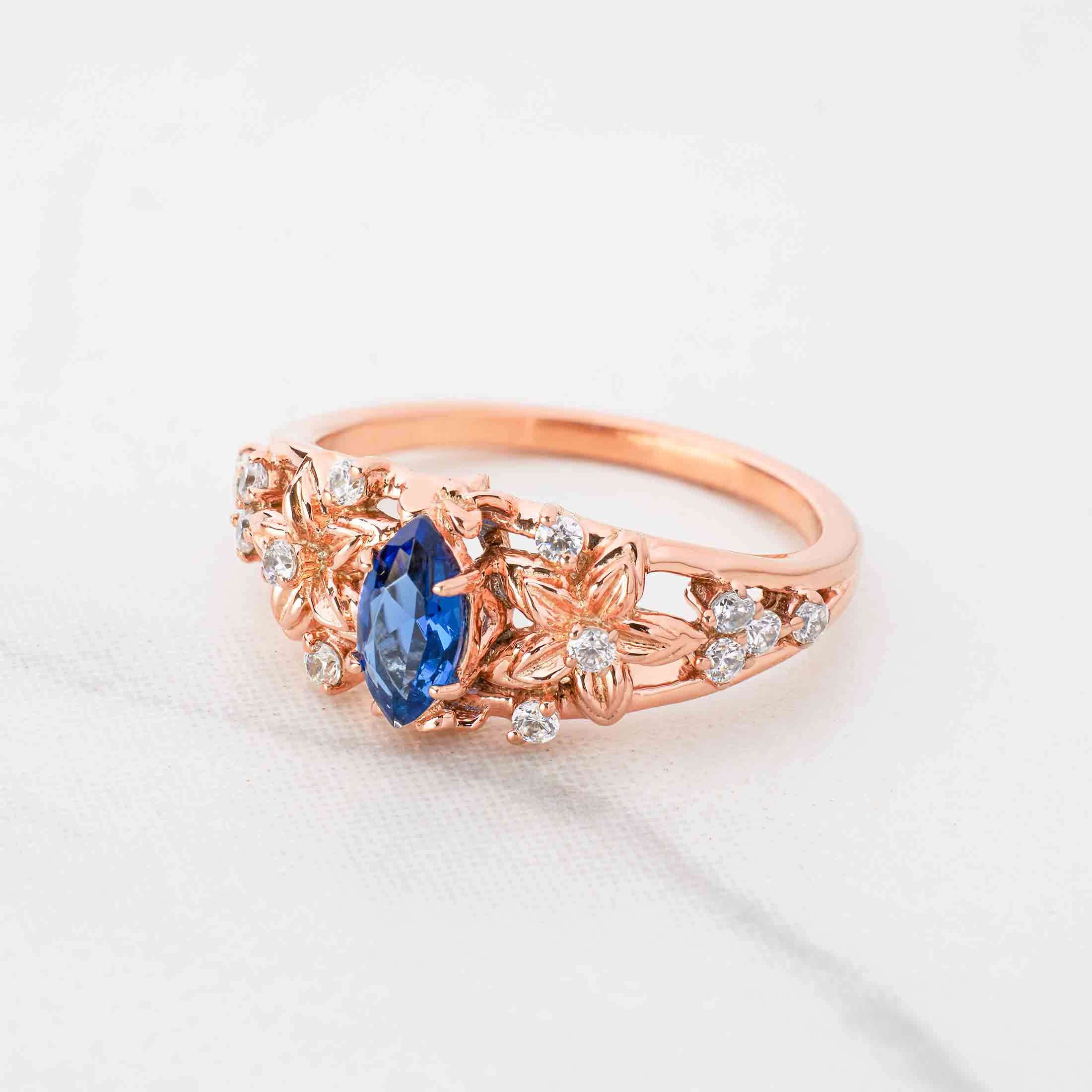 Floral Bridal Ring Set Blue Sapphire Flower Engagement Ring