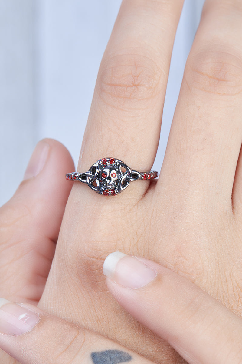 Trinity Skull Engagement Ring Red Garnet Skull Ring Gun Metal Fn