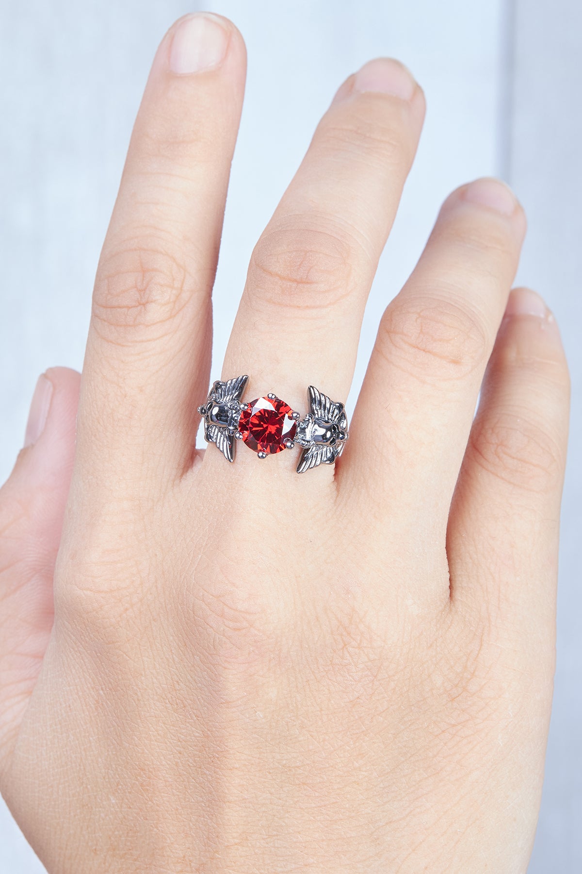 Anchor Wings Skull Engagement Ring Gothic Jewelry Red Garnet