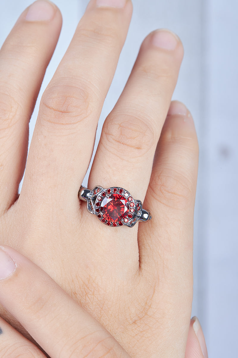Halo Garnet Skull Engagement Ring Gothic Wedding Ring Silver