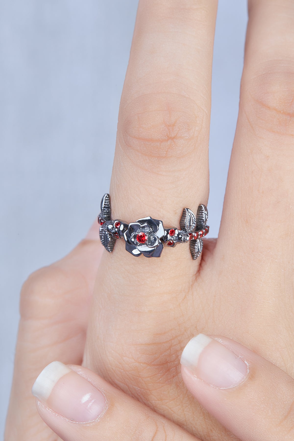 Rose Skull Engagement Ring Red Garnet Flower Gothic Gun Metal