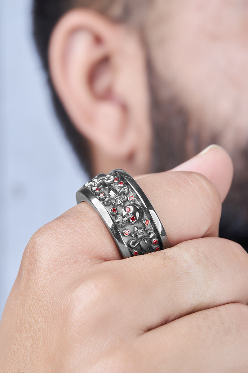 Garnet Skull Wedding Band Fleur De Lis Skull Band Badass Biker Ring