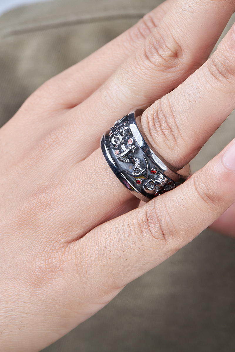 Mens Skull Wedding Band Nautical Anchor Pirate Skull Band Badass Biker