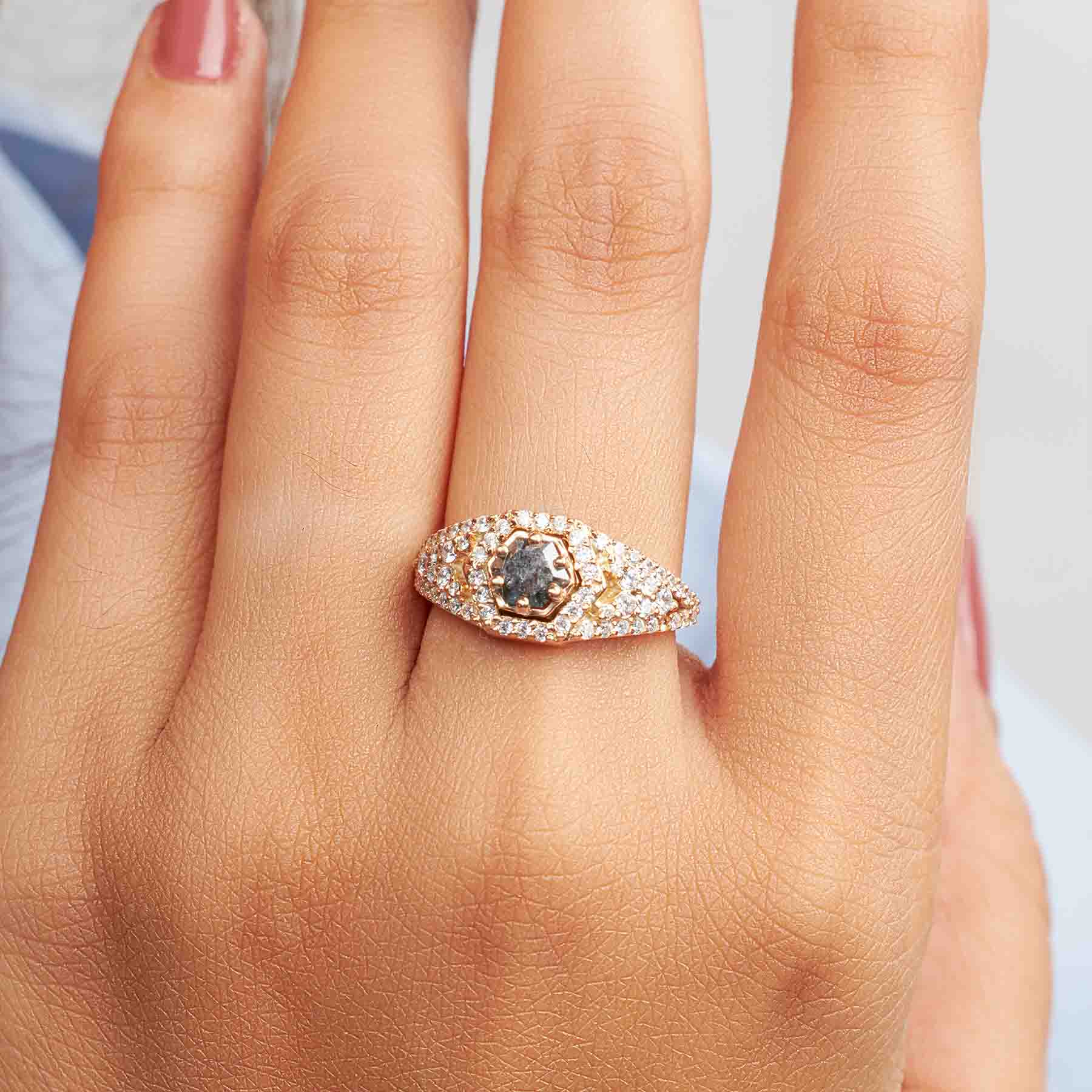 Natural Salt and Pepper Diamond Hexagon Cut Engagement Ring