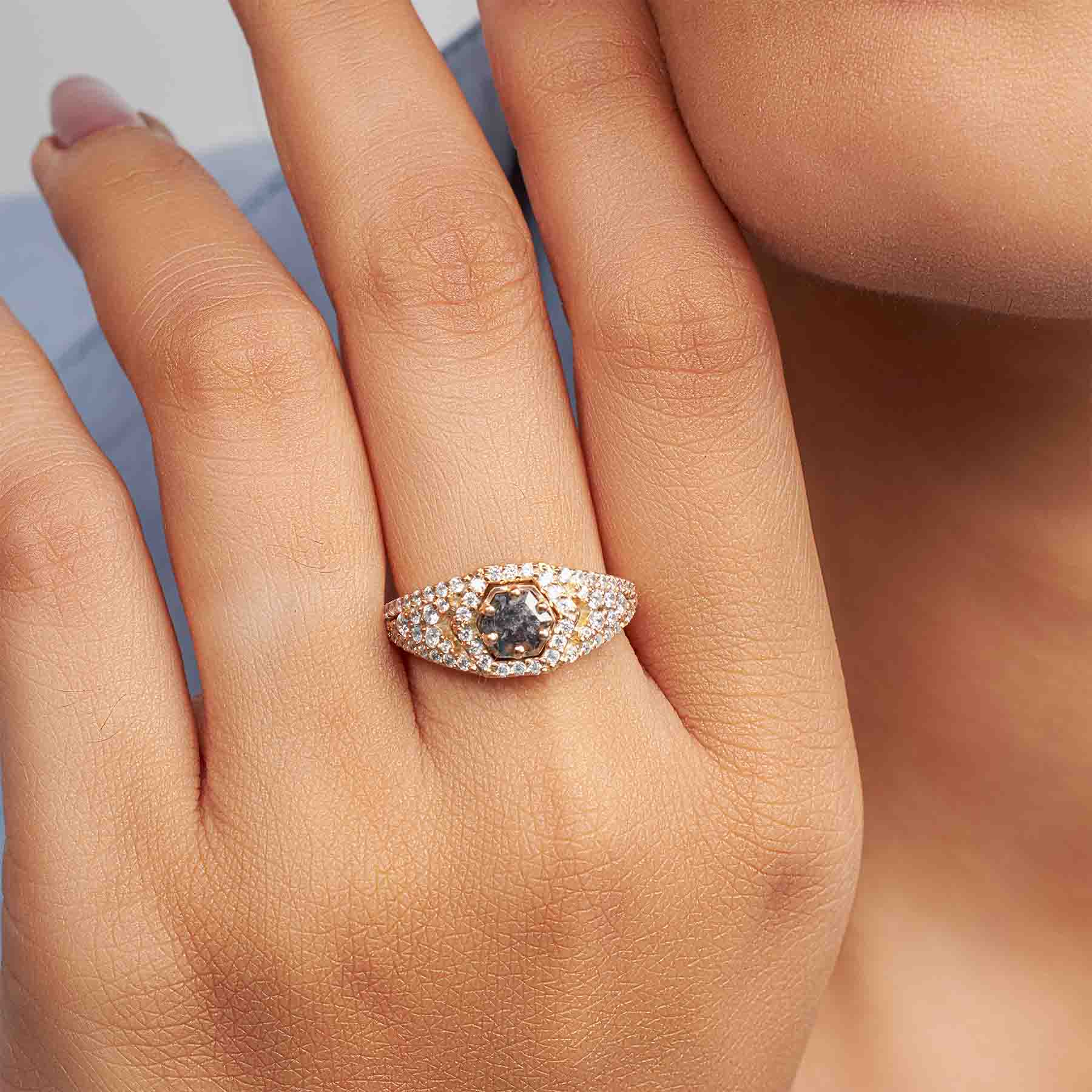 Natural Salt and Pepper Diamond Hexagon Cut Engagement Ring