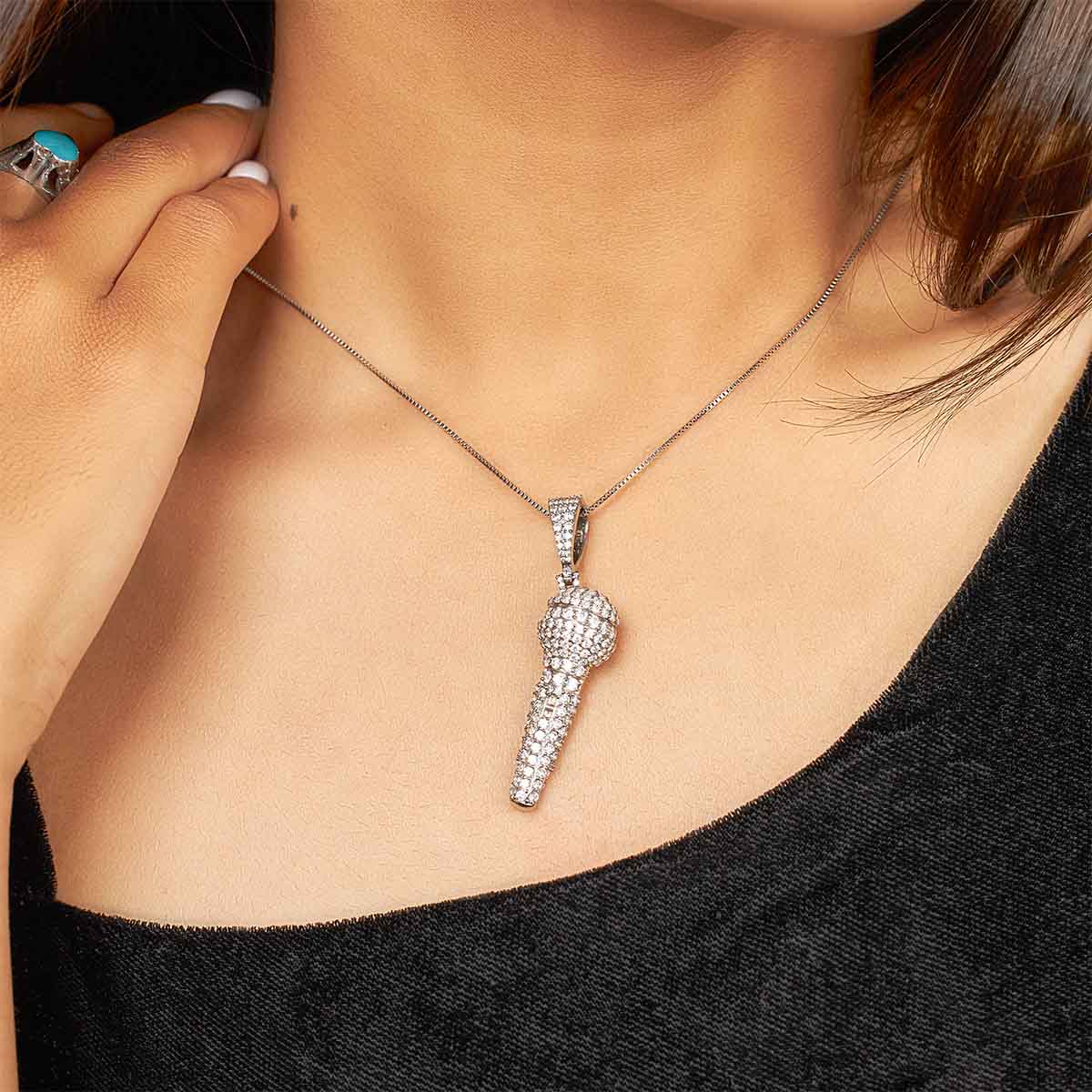 Iced Out Microphone Pendant Necklace Sterling Silver Mic Pendant Hip Hop Jewelry