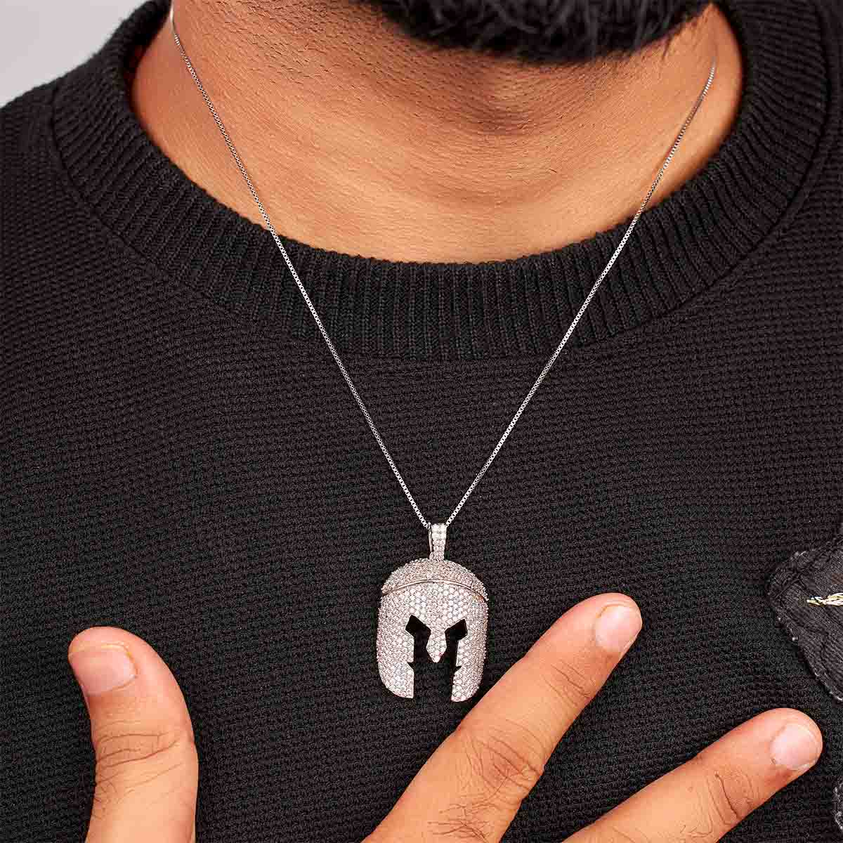 Iced Out Warrior Face Shield Pendant Necklace Hip Hop Jewelry Sterling Silver