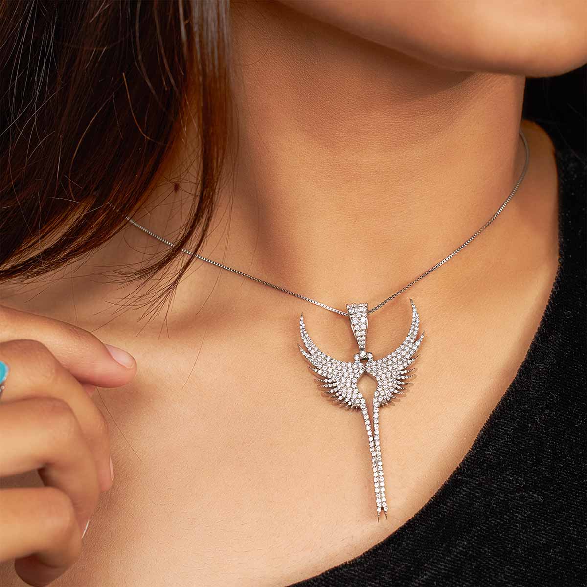 Iced Out Angel Wings Pendant Necklace Guardian Angel Necklace Sterling Silver