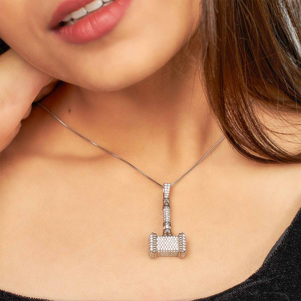 Iced Out Thor's Hammer Pendant Necklace Hip Hop Jewelry Sterling Silver CZ Diamond