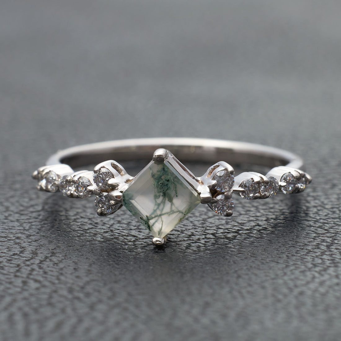 Princess Cut Moss Agate Promise Ring