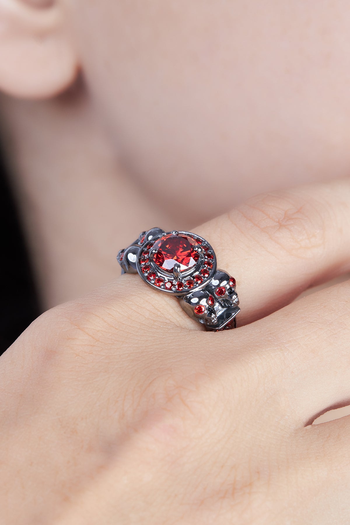 1.10TCW Garnet Skull Engagement Ring Gothic Jewelry Gun Metal