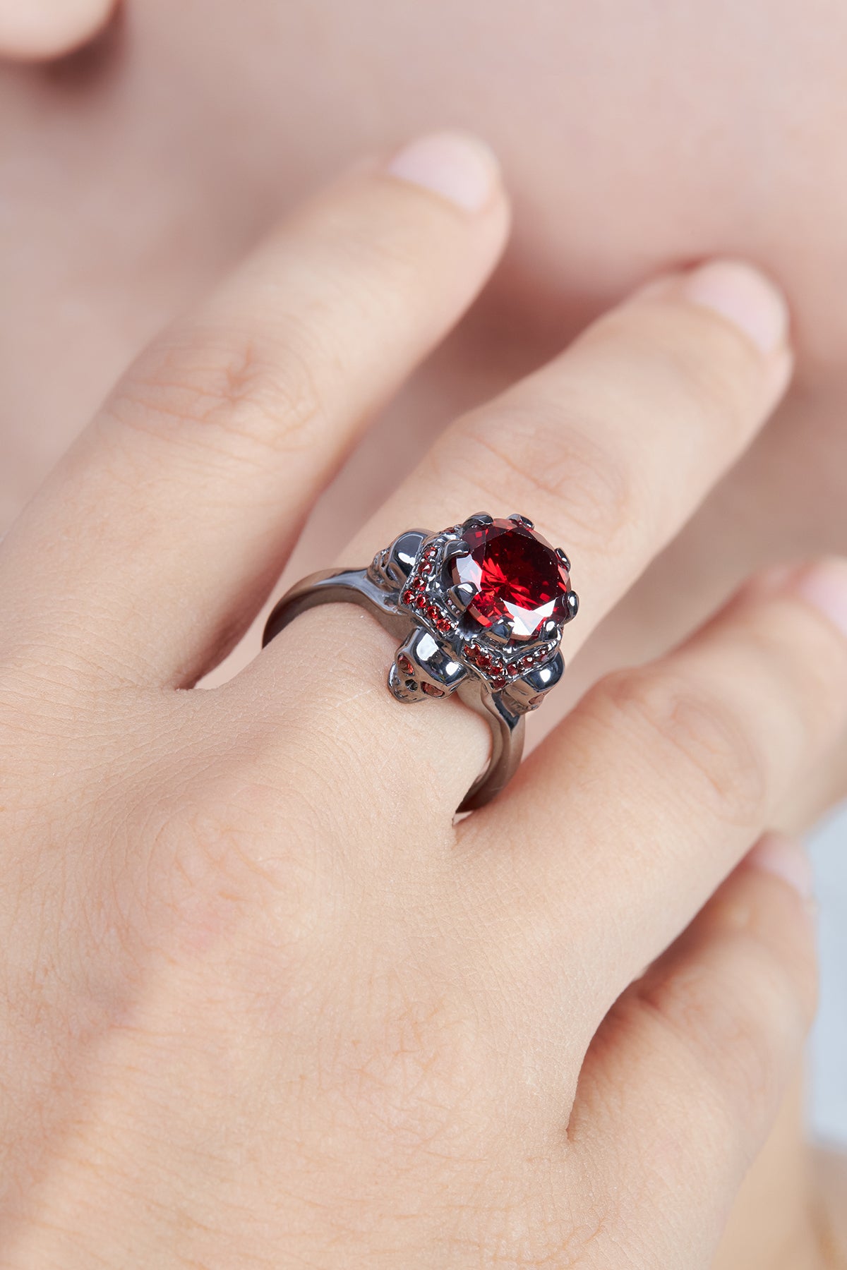 Vampire Gothic Engagement Ring Red Garnet Skull Ring Womens