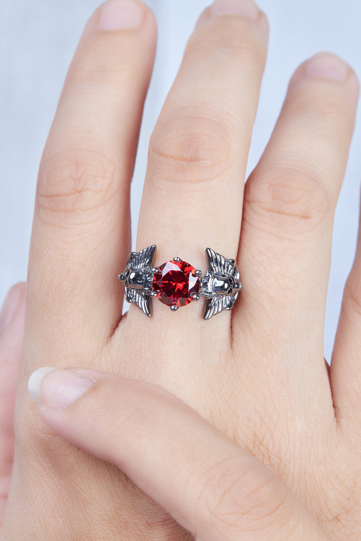 Anchor Wings Skull Engagement Ring Gothic Jewelry Red Garnet