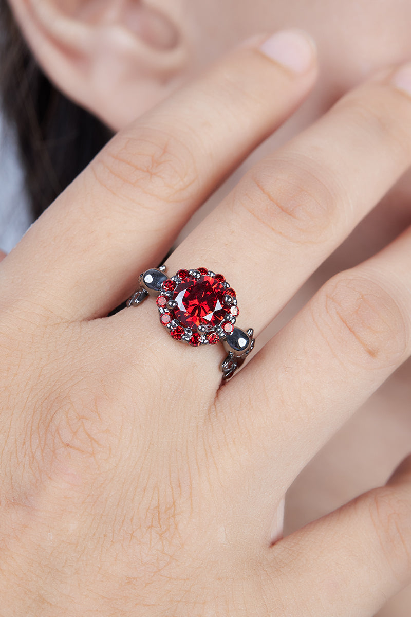 Halo Garnet Skull Wedding Ring Gothic Vampire Skull Ring Silver