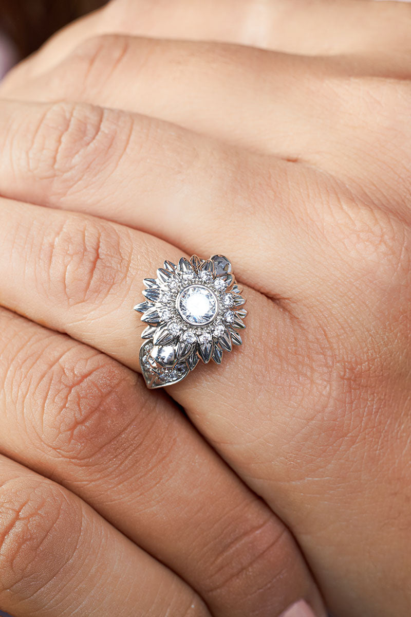 Diamond Flower Skull Ring Womens