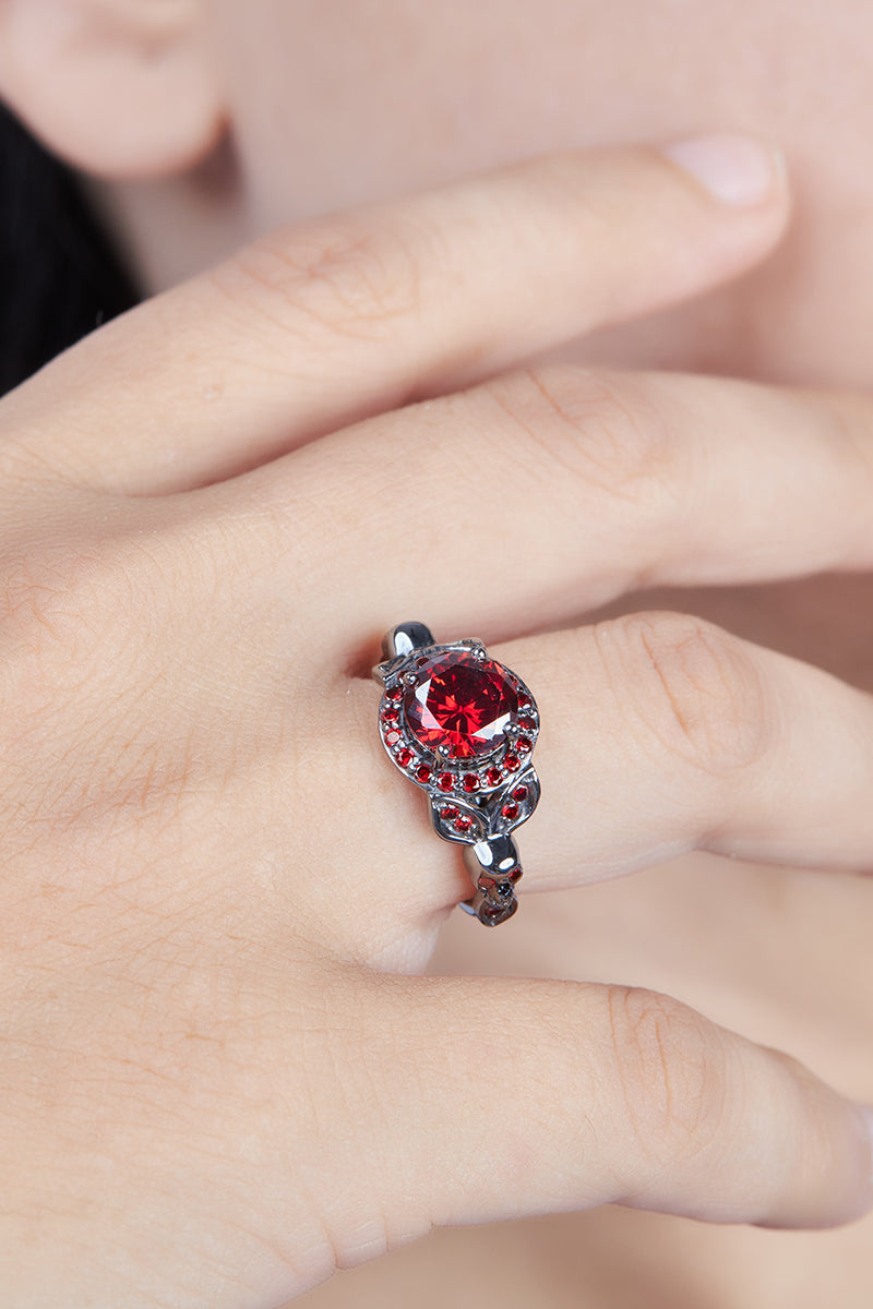 Halo Garnet Skull Engagement Ring Gothic Wedding Ring Silver