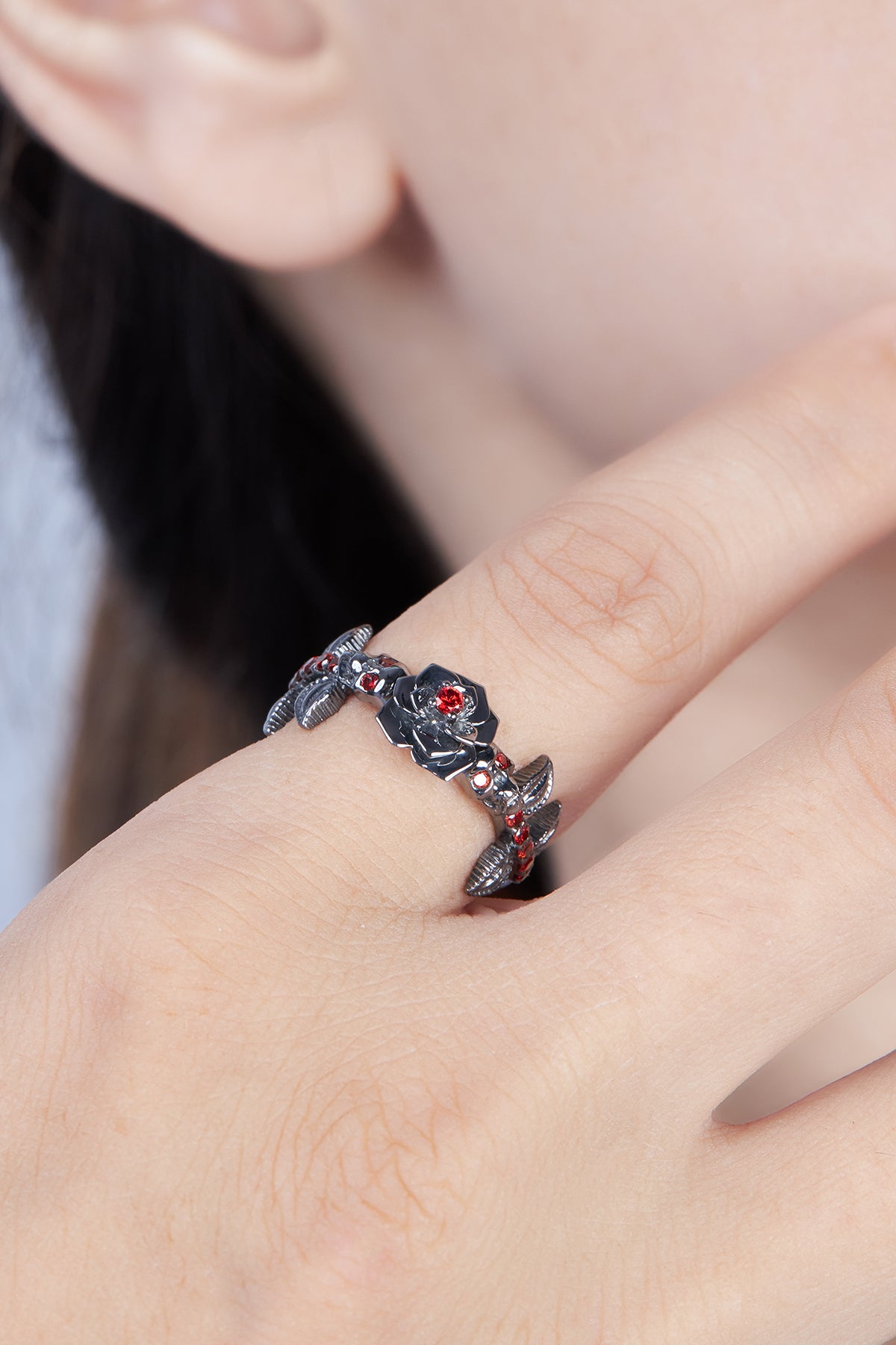 Rose Skull Engagement Ring Red Garnet Flower Gothic Gun Metal