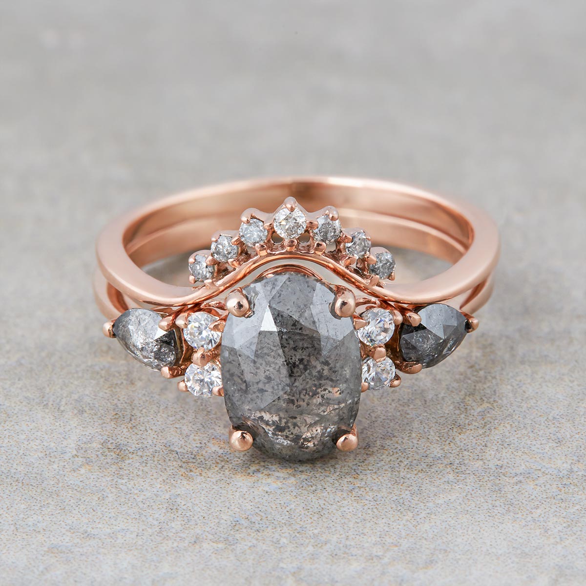 Oval Salt and Pepper Diamond Ring Set