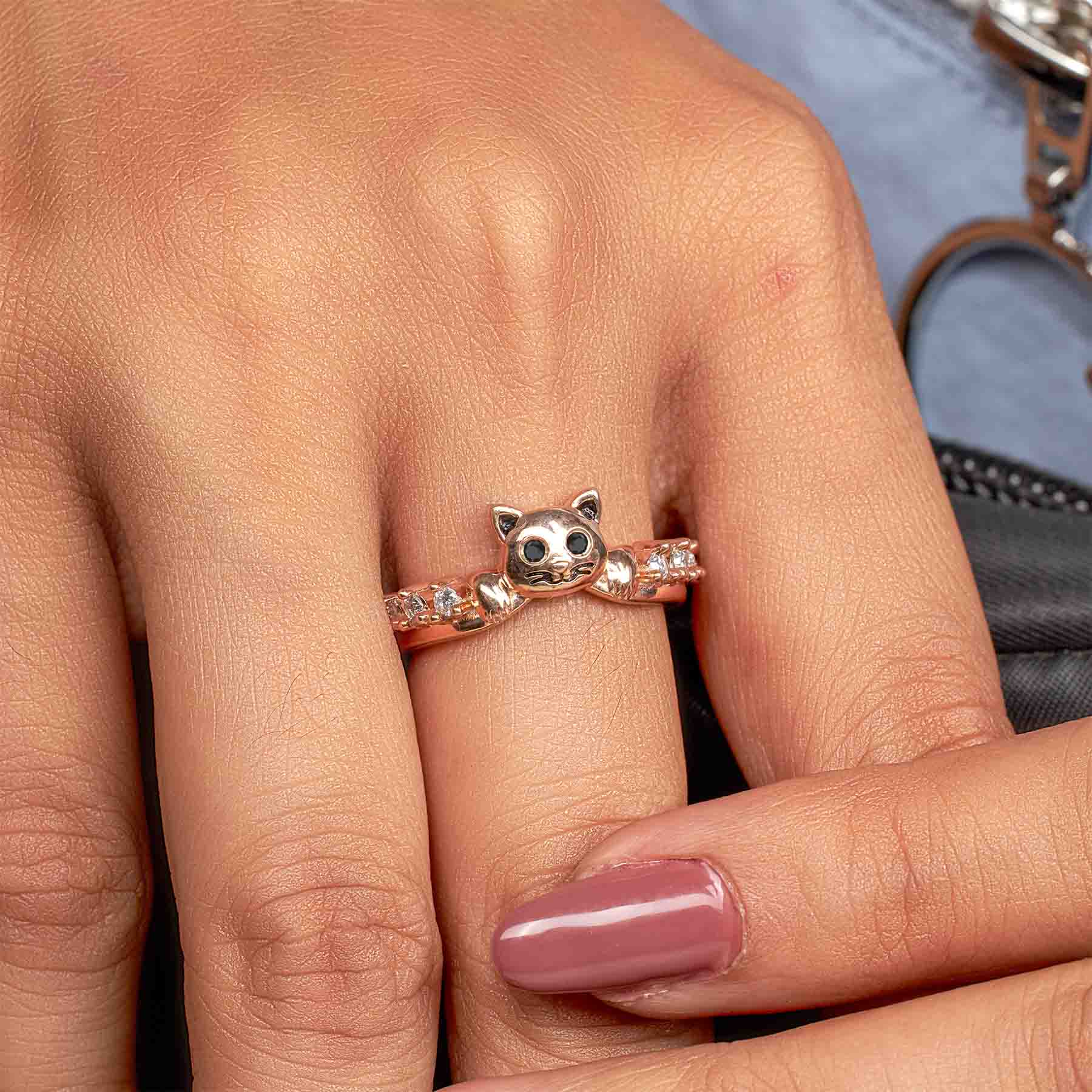 Diamond Cat Wedding Band Cute Kitty Cat Jewelry Stacking Band Sterling Silver Rose Gold White Gold