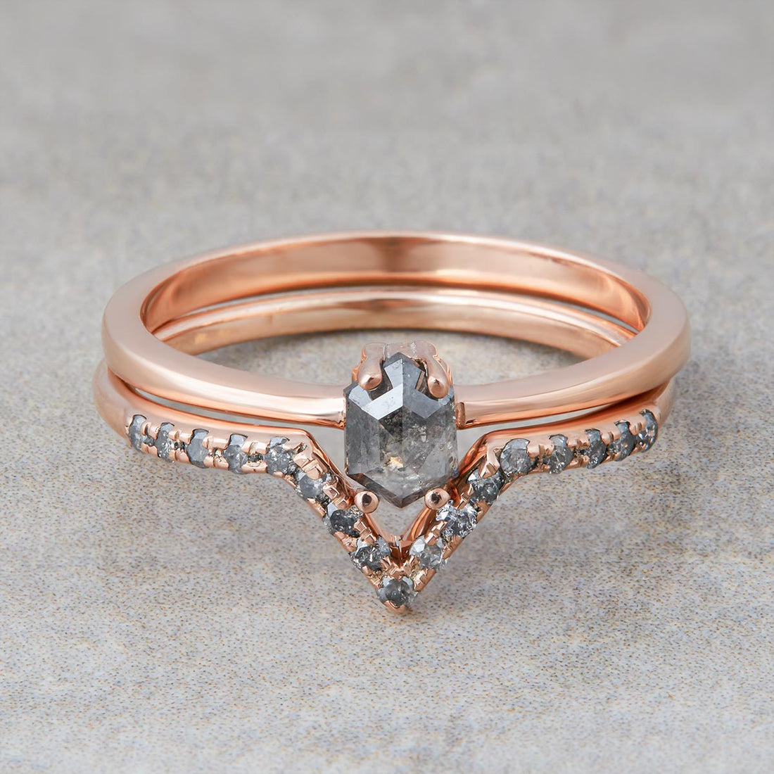 Hexagon Diamond Engagement Ring Set