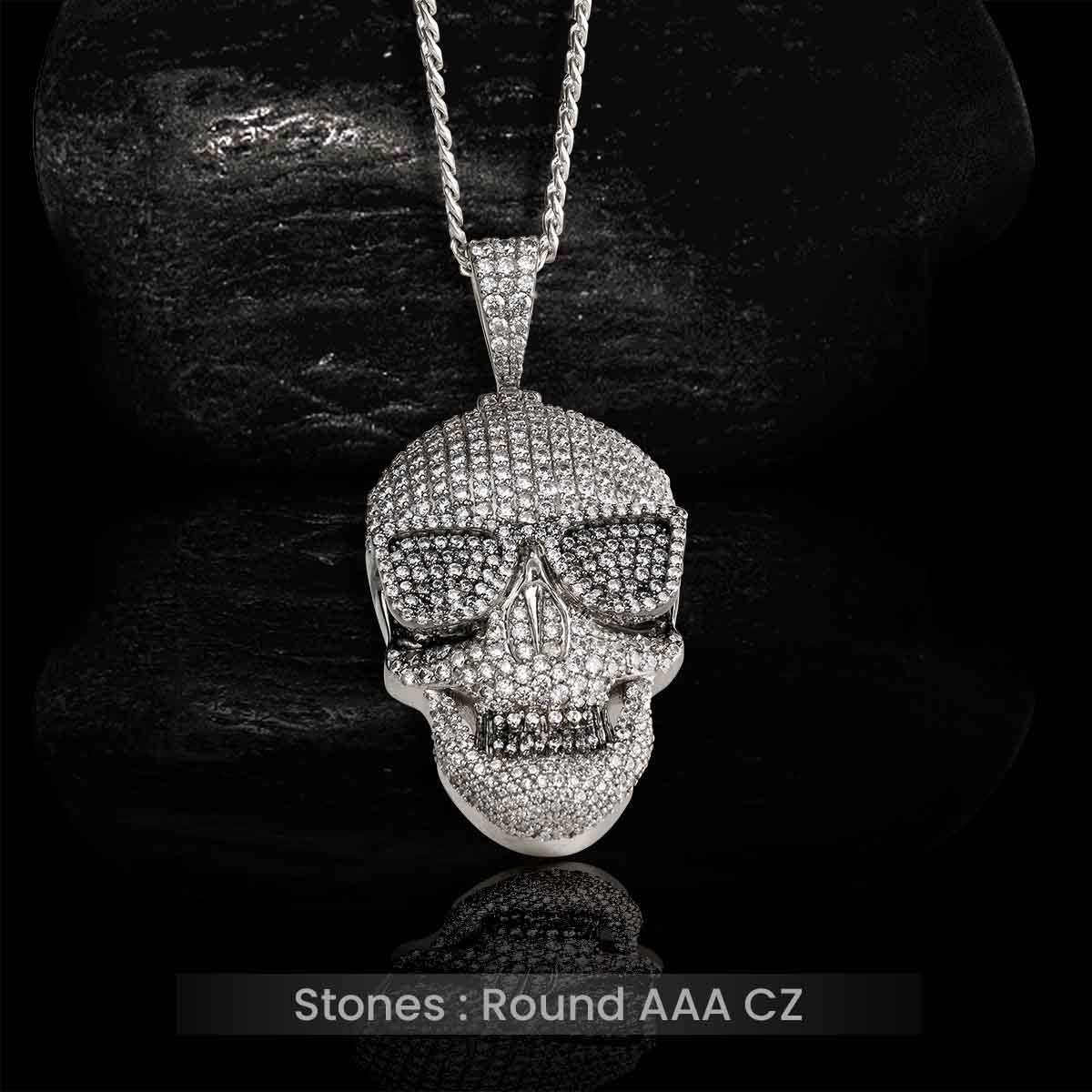 Iced Out Skull Necklace Hip Hop Pendant Halloween Jewelry Sterling Silver