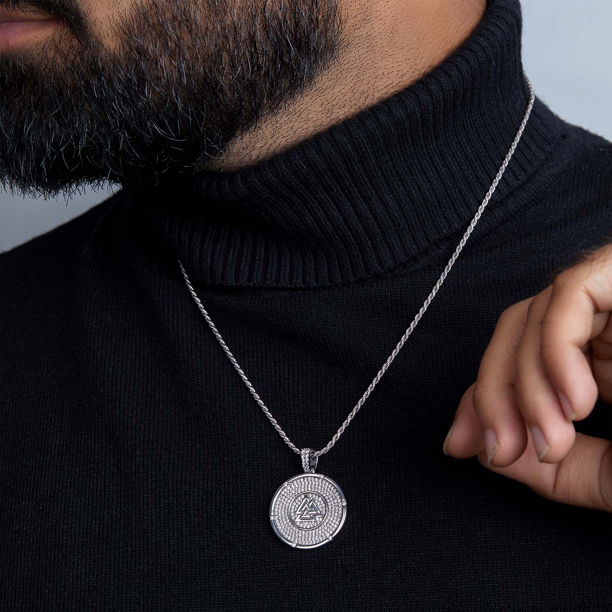 Iced Out Viking Valknut Necklace Norse Odin's Knot of the Slain Pendant Sterling Silver