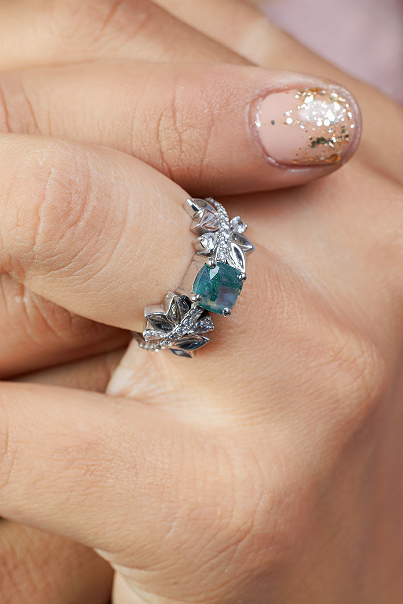 Cushion Cut Moss Agate Engagement Ring