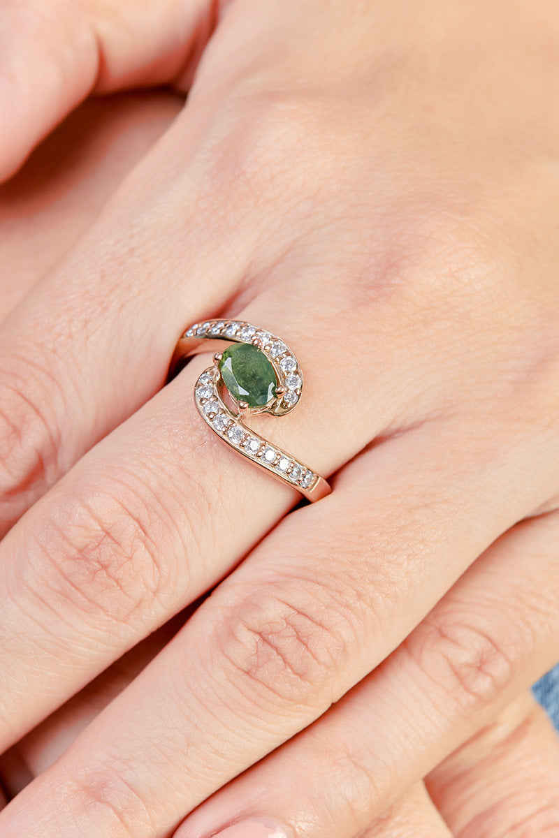 Oval Moss Agate Engagement Ring