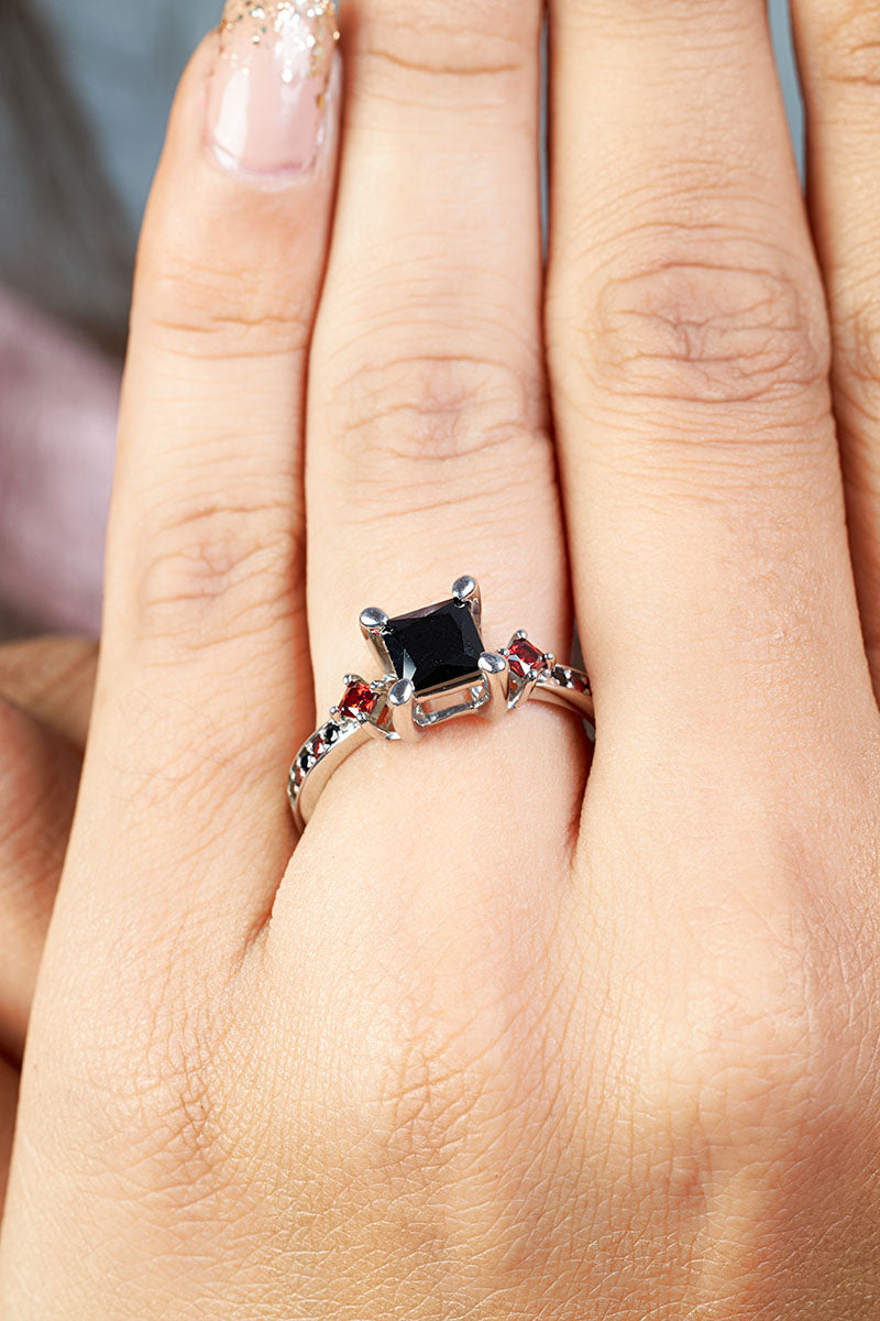 Womens Gothic Engagement Ring Princess Cut Onyx