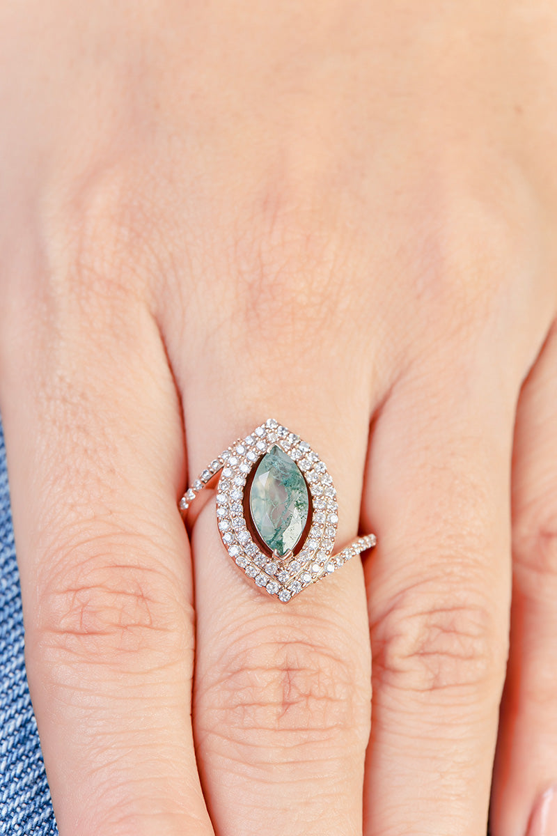 Moss Agate Double Halo Engagement Ring