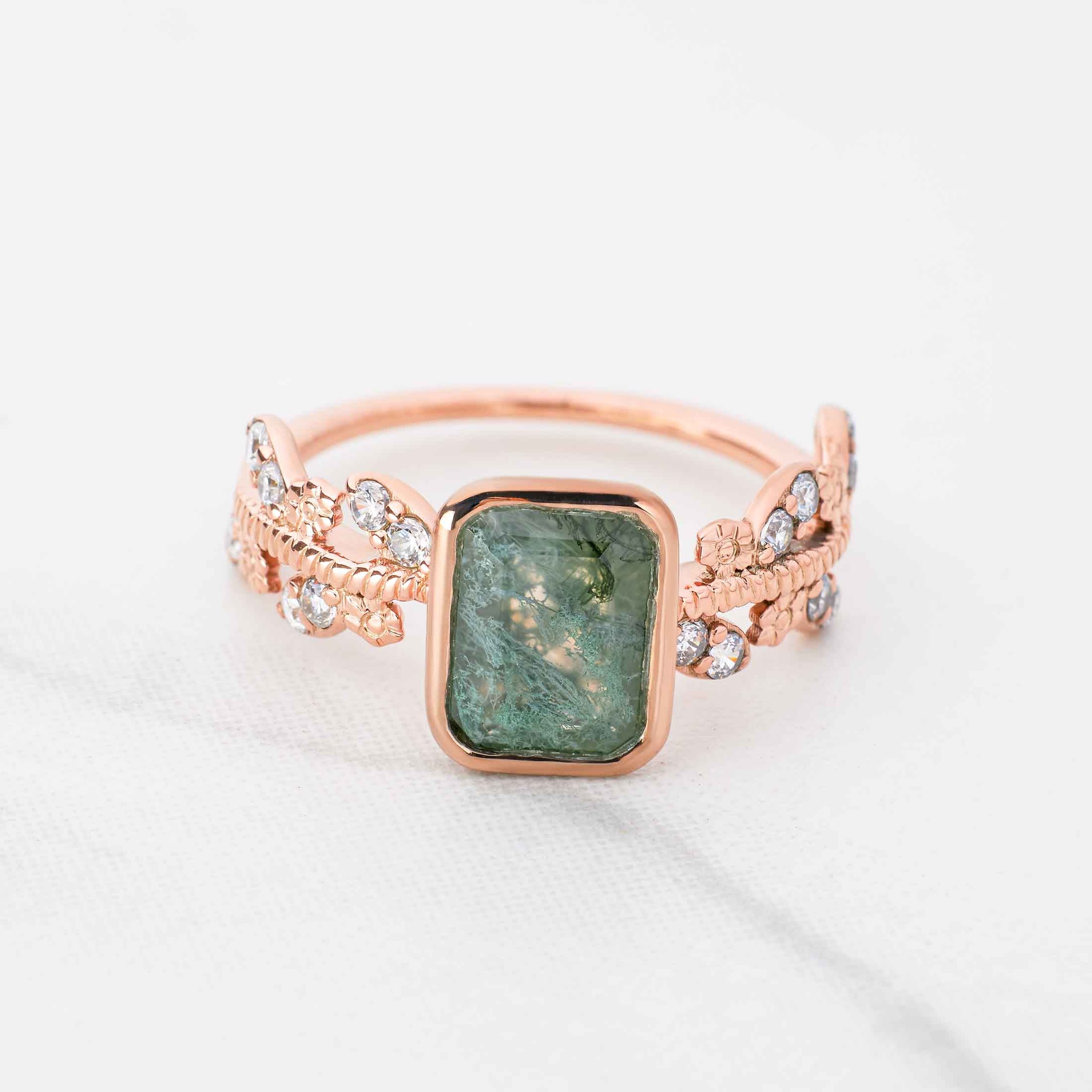 Natural Green Moss Agate Ring Healing Gemstone Art Deco Vintage Engagement Rings for Women Rose Gold