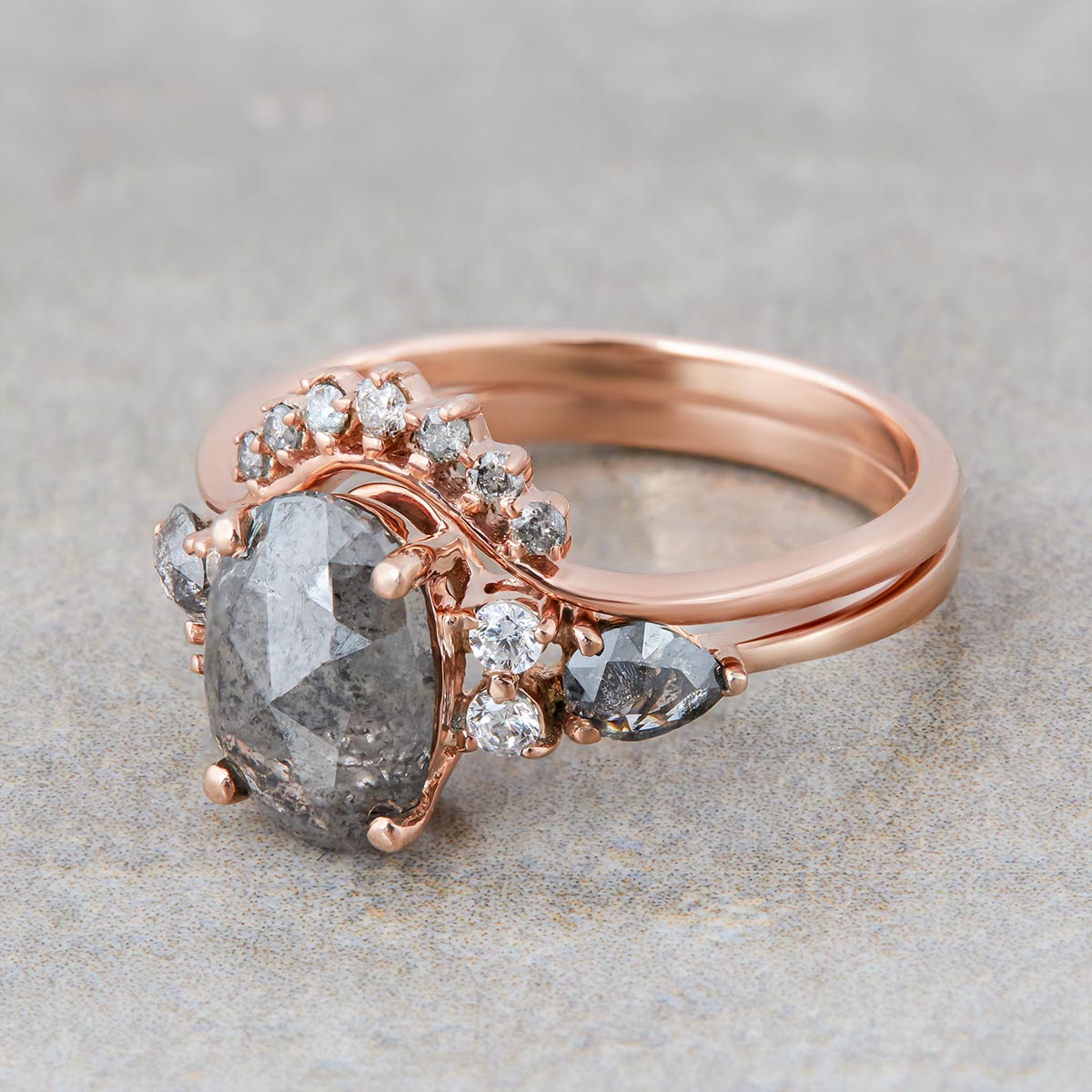 Oval Salt and Pepper Diamond Ring Set