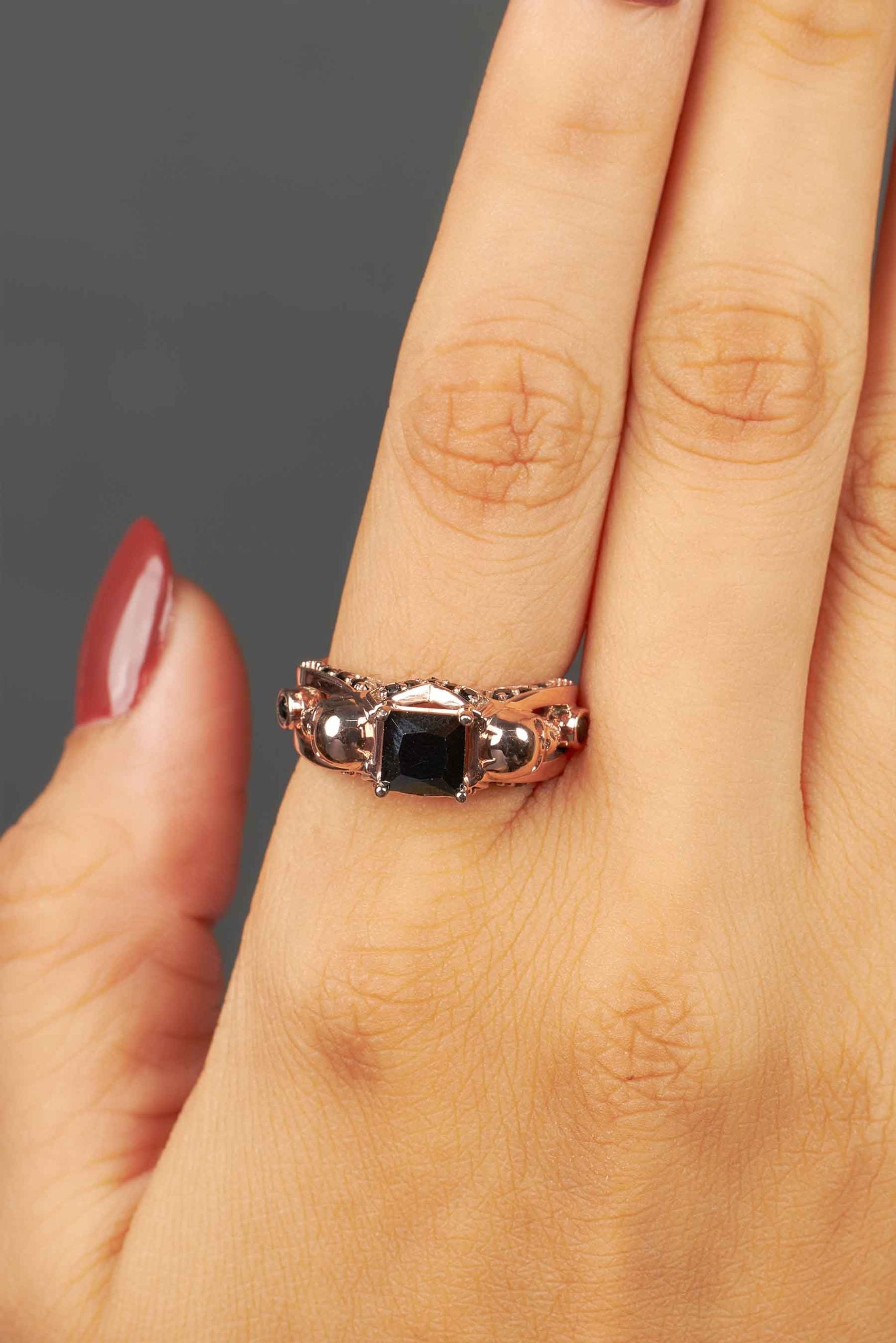 Black Spinel Skull Ring Rose Gold Princess Cut Engagement Rings Gothic Wedding Jewelry