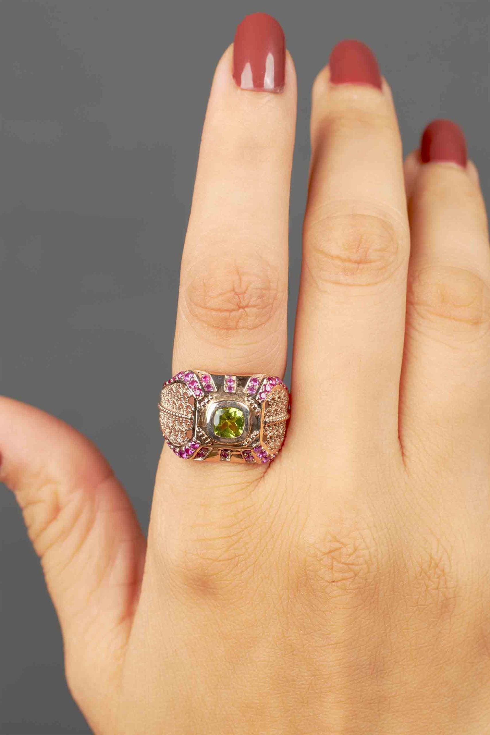 Engagement Ring Filigree Milgrain Art Deco Cocktail Statement Peridot Ruby Gemstone Rose Gold