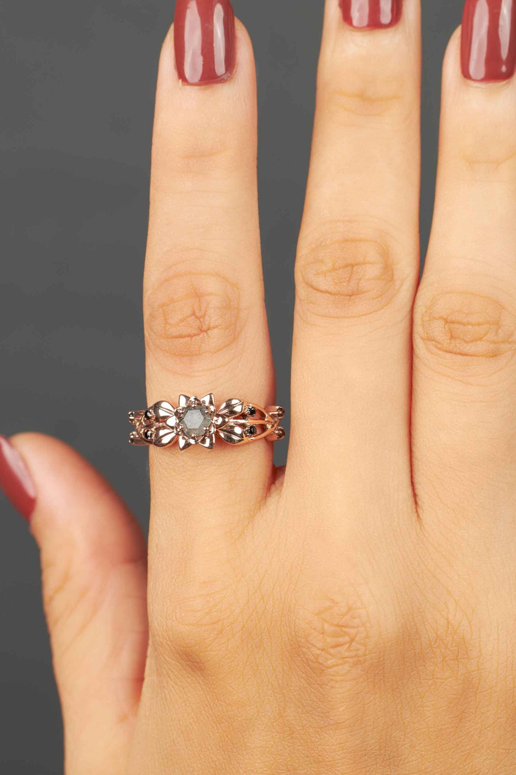 Hexagon Cut Black Natural Spinel Gemstone Engagement Ring Rose Gold Flower Art Nouveau Nature Inspired