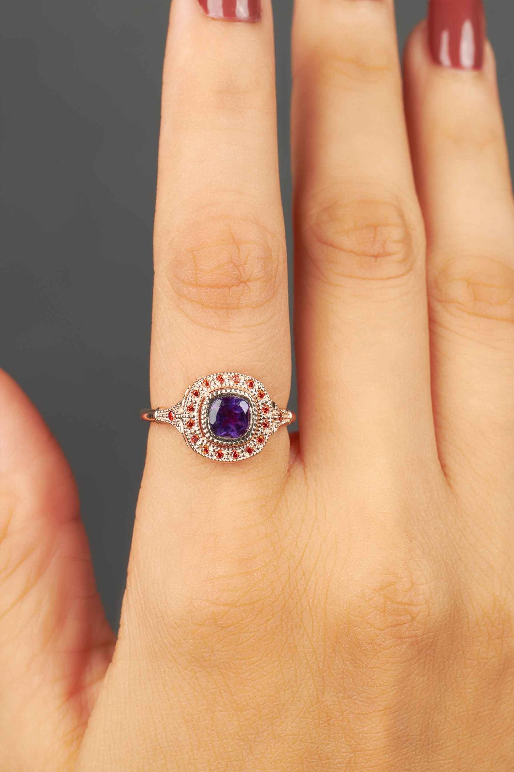 Multi Gemstone Cocktail Ring Milgrain Genuine Amethyst Sapphire Statement Engagement Rings Rose Gold