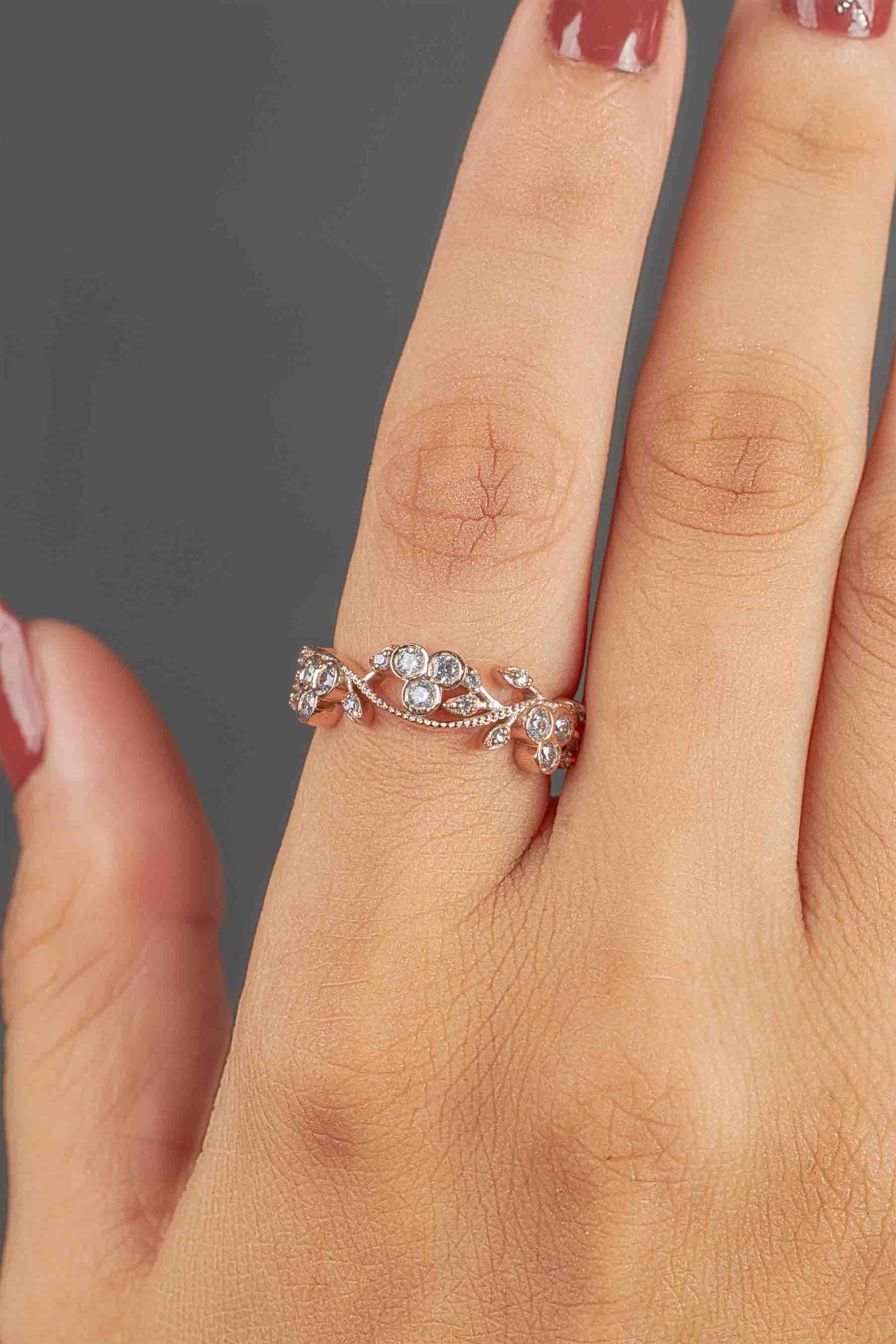 Floral Art Deco Wedding Band for Her Moissanite Diamond Anniversary Band Gift Rose Gold White Gold