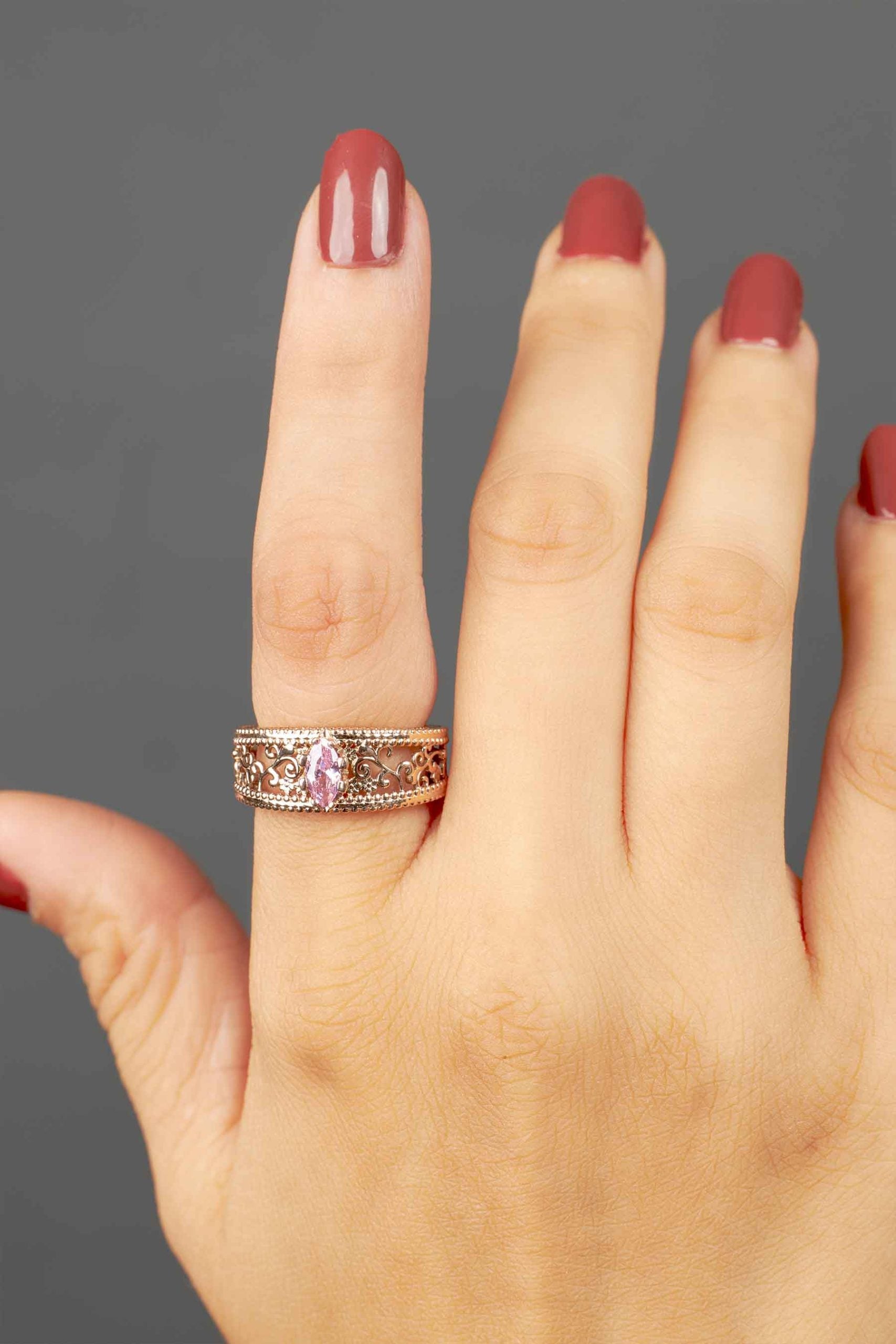 Art Deco Rose Gold Wedding Band Marquise Cut Baby Pink Quartz