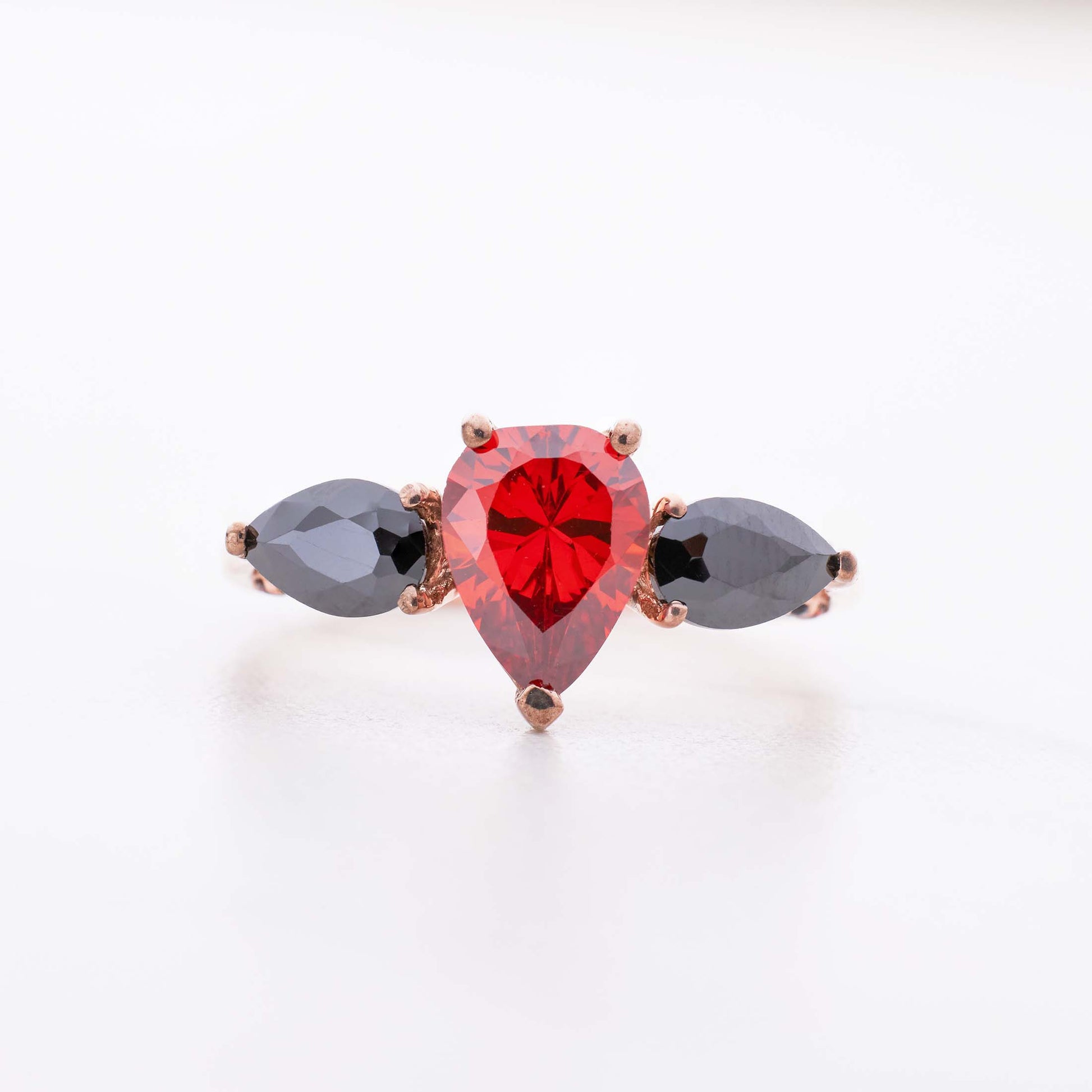 Pear Cut Engagement Ring Red and Black Multi Gemstone Rings 3 Stone Rose Gold Cocktail Statement