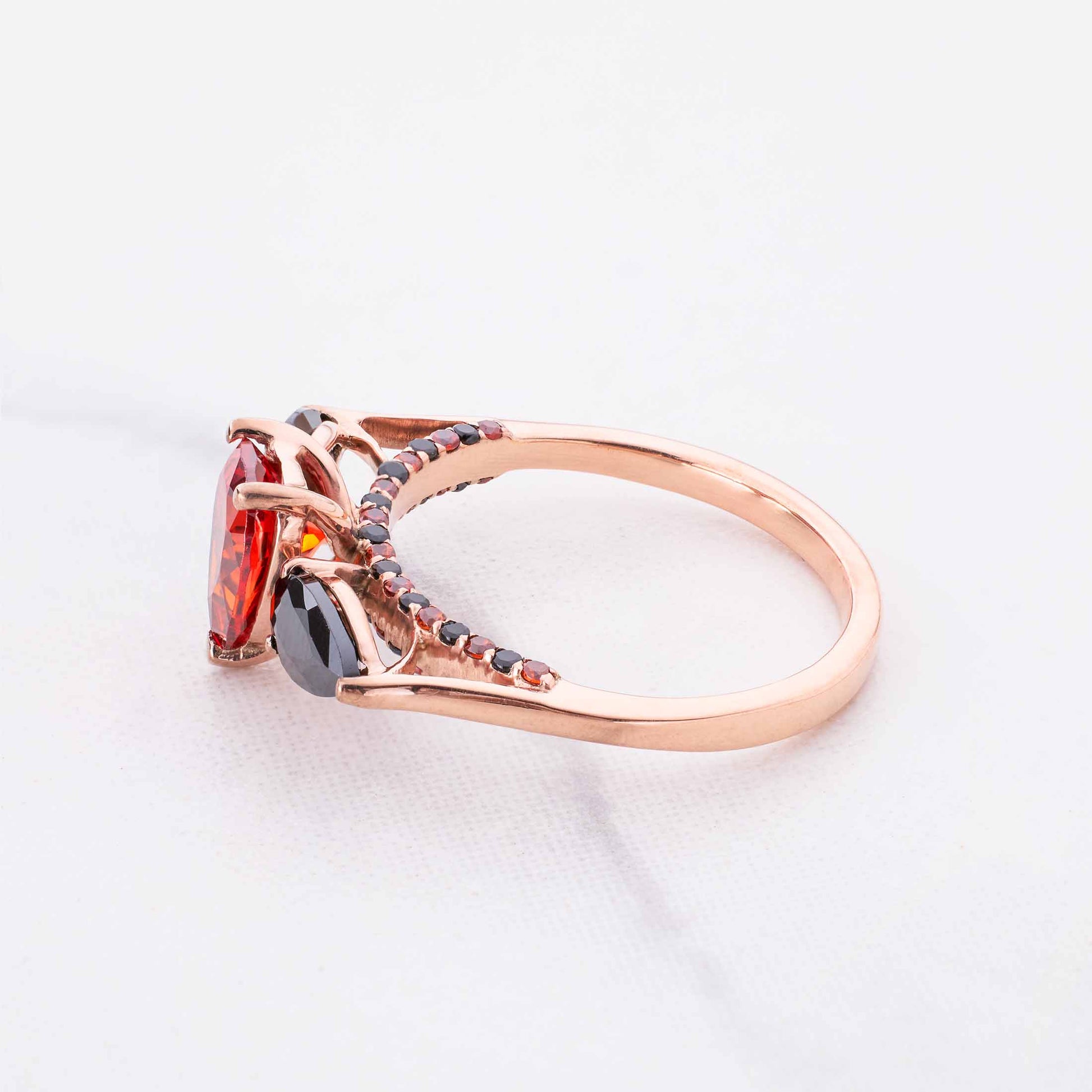 Pear Cut Engagement Ring Red and Black Multi Gemstone Rings 3 Stone Rose Gold Cocktail Statement