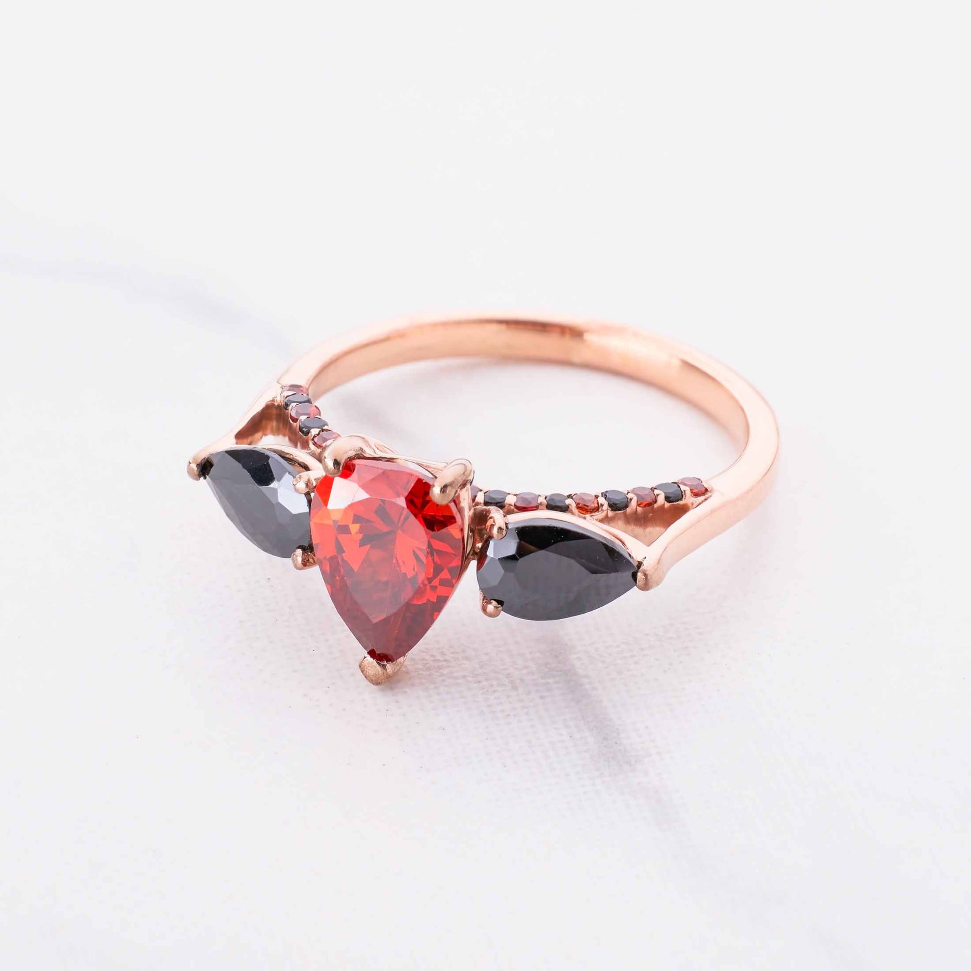 Pear Cut Engagement Ring Red and Black Multi Gemstone Rings 3 Stone Rose Gold Cocktail Statement