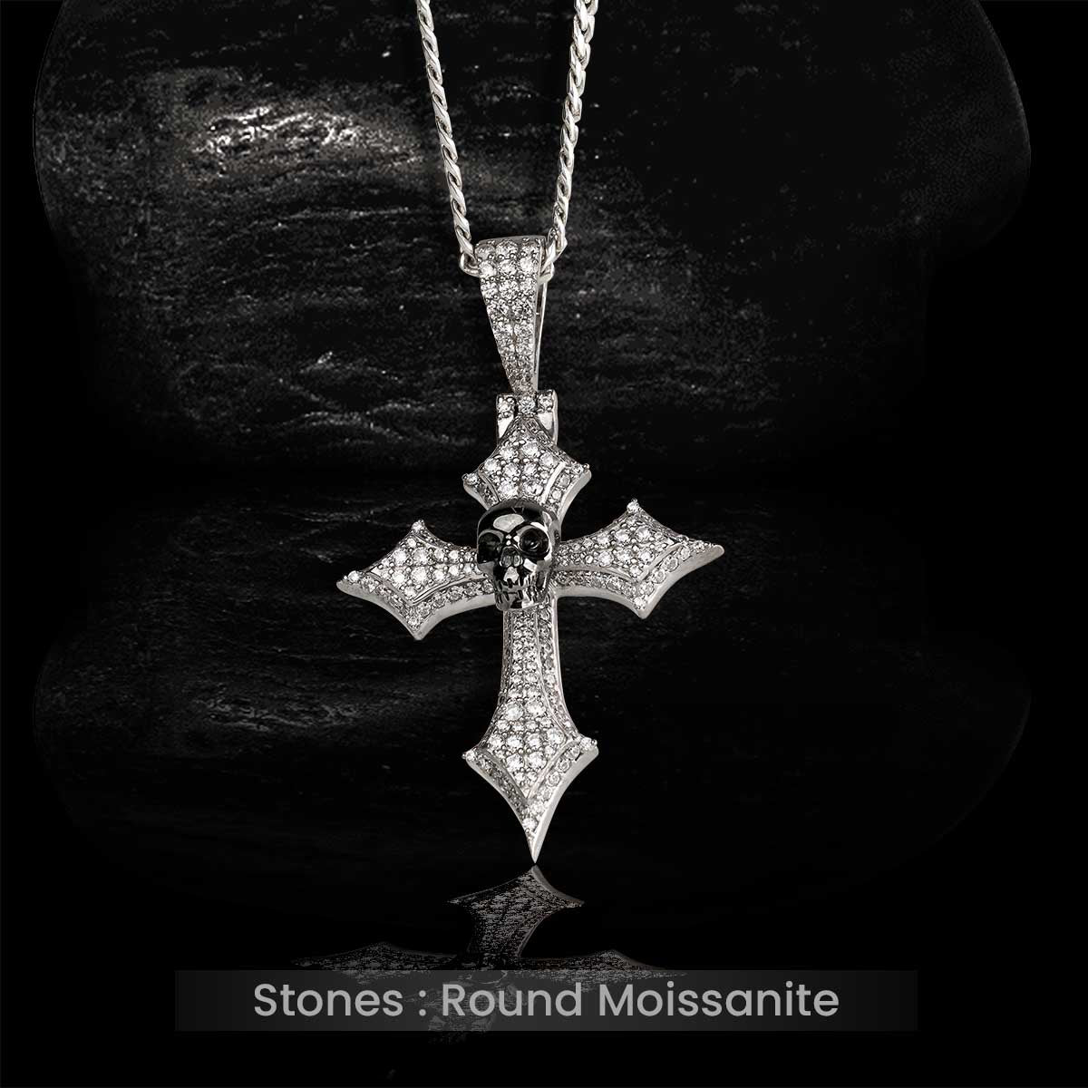 Moissanite Iced Out Skull Cross Pendant Necklace With Chain Gothic Halloween Jewelry Sterling Silver