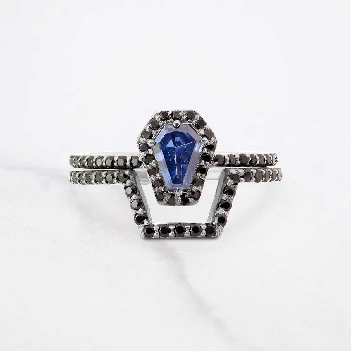 Halo Coffin Bridal Ring Set Blue Titanic Gemstone Engagement 14k Rose Gold